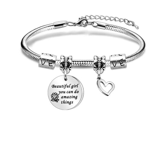 Inspiration Bracelet Gift,Silver Pendant Bracelet Beautiful Girl You Can Do Amazing Things For Daughter Niece Friends Sisters Friends Adjustable Jewellery