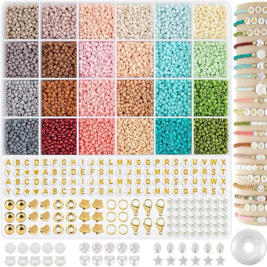 Bracelets Making Kit, 3mm Seed Beads with Letter Beads Pearl for Jewellery Making, 24 Boho Colours Glass Beads Set for DIY Craft Bracelet Necklaces