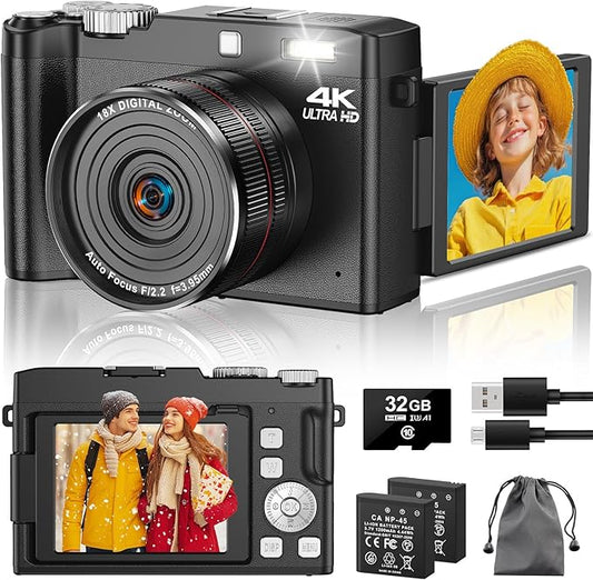 Digital Camera 4K 64MP Autofocus Vlogging Cameras with 32GB Card & Macro Function, 18X Digital Zoom Compact Camera with 2.8'' 180° Flip Screen & 2 Batteries for Teens Beginners Adults
