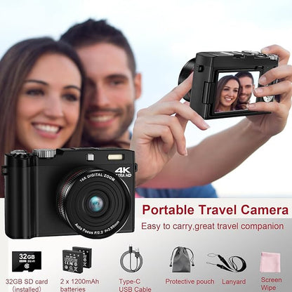 Digital Camera 4K 64MP Autofocus Vlogging Cameras with 32GB Card & Macro Function, 18X Digital Zoom Compact Camera with 2.8'' 180° Flip Screen & 2 Batteries for Teens Beginners Adults