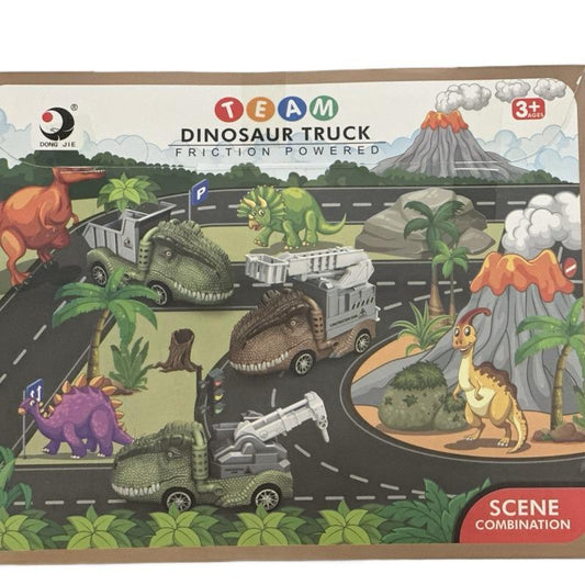 Team Dinosaur Truck Friction Powered Scene Combination Toy with Dinosaur Cars for Kids Age 3+