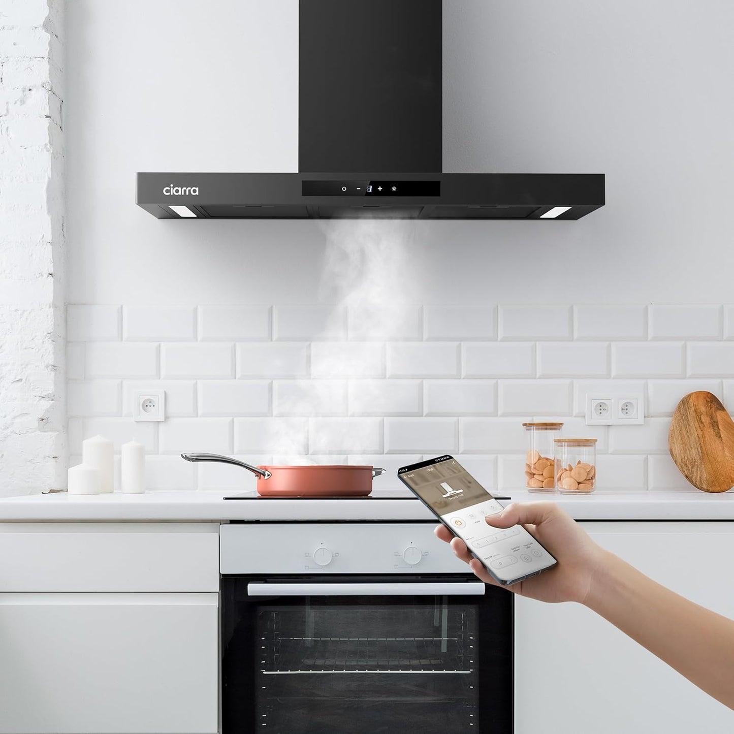 Ciarra 90cm Cooker Hood CBCB9102P Smart App WIFI Touch Control 650m³/h Recirculating&Ducting Wall Mount Hood Kitchen Extractor Fan 4-Speed with Booster Function Dimmable LED Lights [Energy Class A+++]