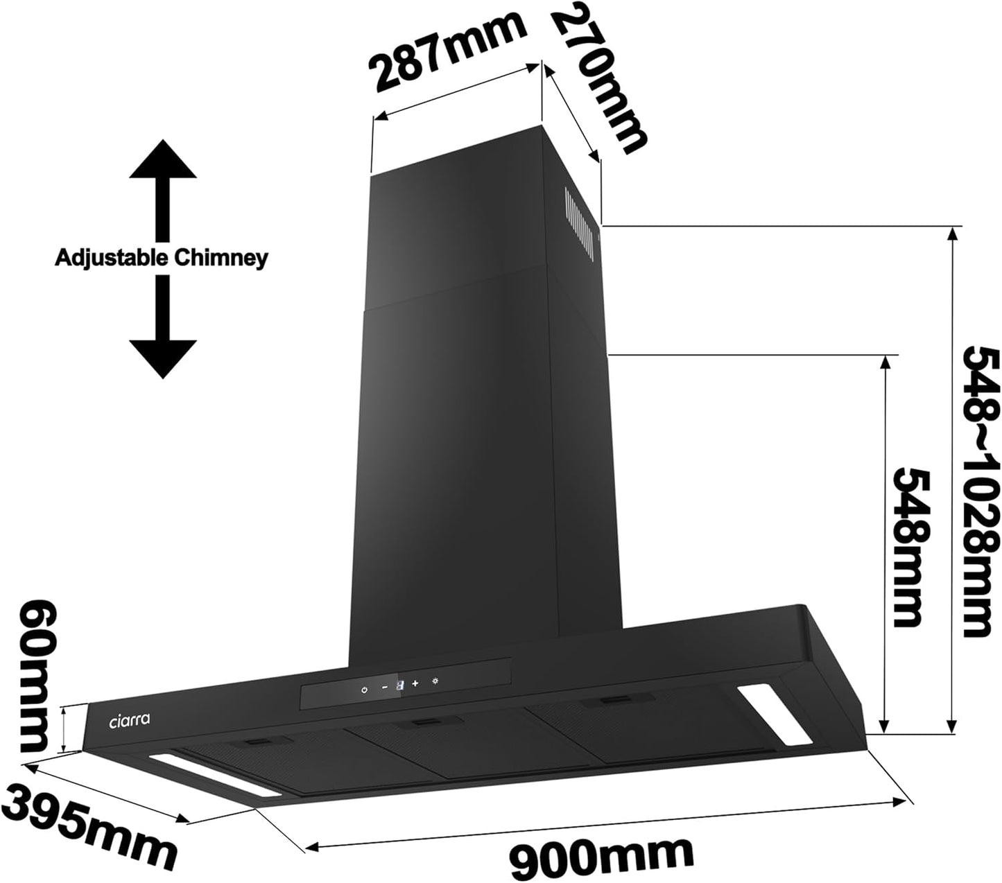 Ciarra 90cm Cooker Hood CBCB9102P Smart App WIFI Touch Control 650m³/h Recirculating&Ducting Wall Mount Hood Kitchen Extractor Fan 4-Speed with Booster Function Dimmable LED Lights [Energy Class A+++]