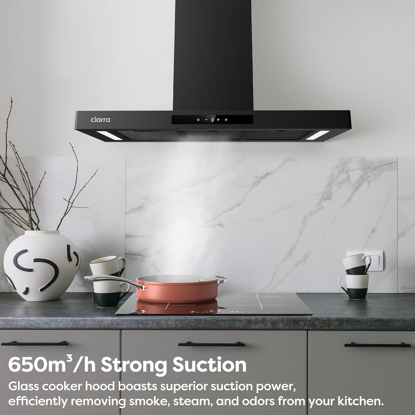 Ciarra 90cm Cooker Hood CBCB9102P Smart App WIFI Touch Control 650m³/h Recirculating&Ducting Wall Mount Hood Kitchen Extractor Fan 4-Speed with Booster Function Dimmable LED Lights [Energy Class A+++]
