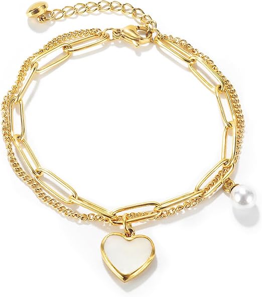 Chain Bracelet With Heart Pearl Charm, Silver or Gold With Adjustable Link