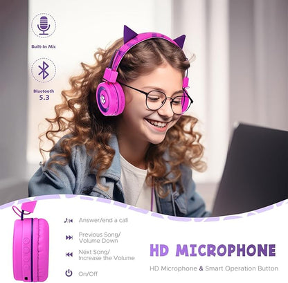 Kids Headphones Wireless, Cat ear/Dinosaur Bluetooth Headphones for Childrens/Boys/Girls, Adjustable Wireles Toddler Headphones Age 2-12, School Headphone with Microphone for iPad/Fire Tablet/Kindle