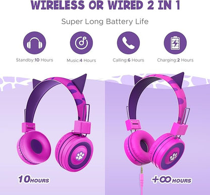 Kids Headphones Wireless, Cat ear/Dinosaur Bluetooth Headphones for Childrens/Boys/Girls, Adjustable Wireles Toddler Headphones Age 2-12, School Headphone with Microphone for iPad/Fire Tablet/Kindle
