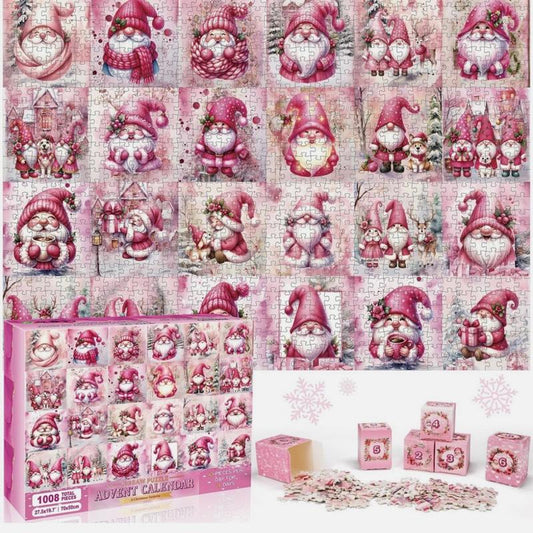 Pink Jigsaw Puzzle Advent Calendar 1008 Pieces 24 Day Christmas Countdown with Festive Gnome Design