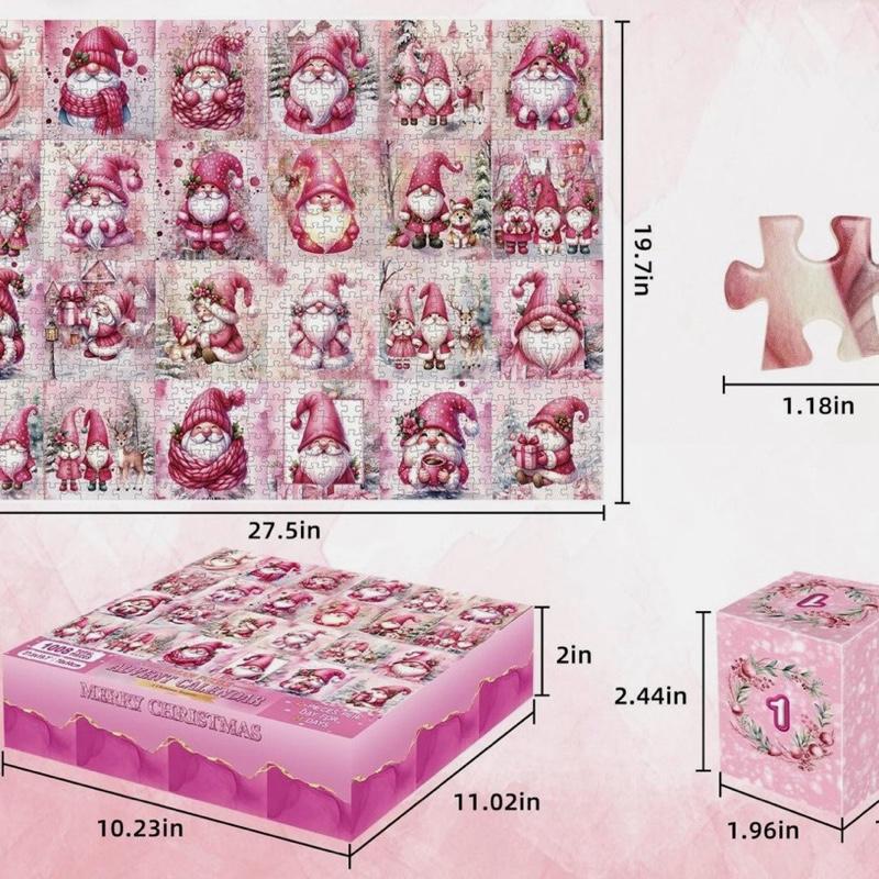 Pink Jigsaw Puzzle Advent Calendar 1008 Pieces 24 Day Christmas Countdown with Festive Gnome Design