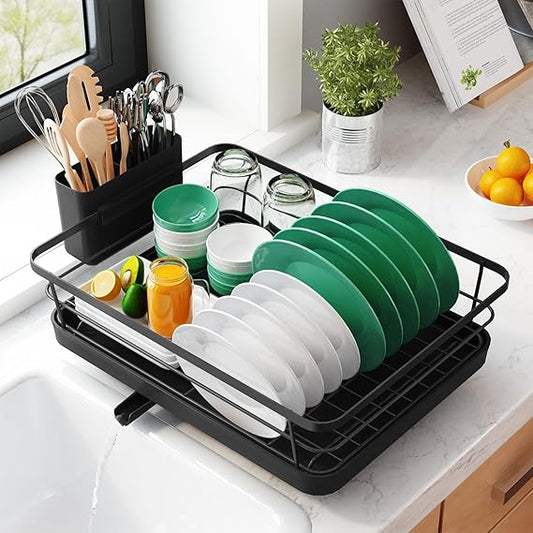 Kitsure Dish Drainer Rack- Space-Saving Dish Drainer, Dish Racks for Kitchen Counter, Stainless Steel Kitchen Drying Rack with a Cutlery Holder