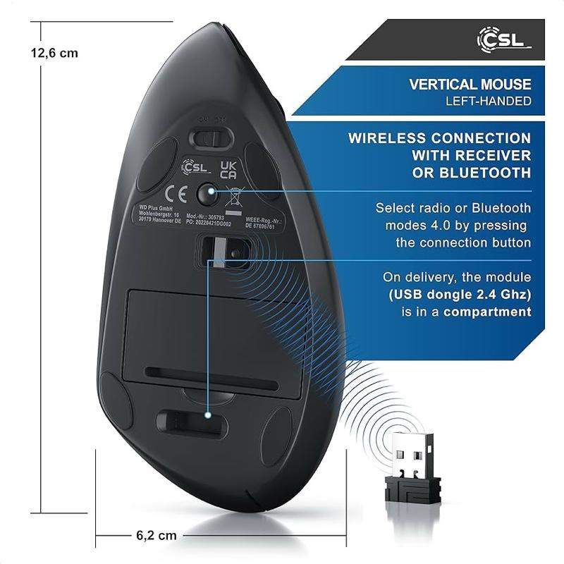 CSL Wireless Left Handed Vertical Ergonomic Mouse TM137U Bluetooth 4.0 6 Buttons 1600 dpi Prevention against Mouse Arm Tennis Elbow