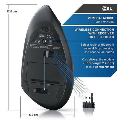 CSL Wireless Left Handed Vertical Ergonomic Mouse TM137U Bluetooth 4.0 6 Buttons 1600 dpi Prevention against Mouse Arm Tennis Elbow