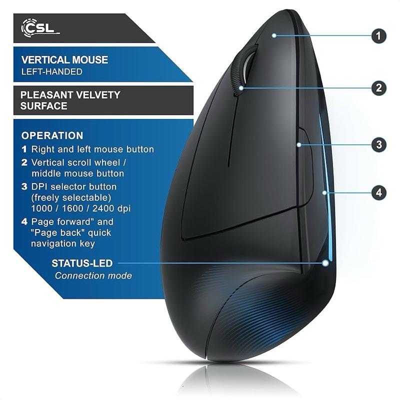 CSL Wireless Left Handed Vertical Ergonomic Mouse TM137U Bluetooth 4.0 6 Buttons 1600 dpi Prevention against Mouse Arm Tennis Elbow
