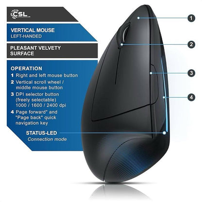 CSL Wireless Left Handed Vertical Ergonomic Mouse TM137U Bluetooth 4.0 6 Buttons 1600 dpi Prevention against Mouse Arm Tennis Elbow