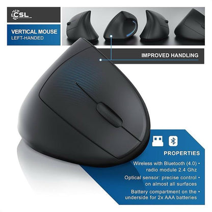 CSL Wireless Left Handed Vertical Ergonomic Mouse TM137U Bluetooth 4.0 6 Buttons 1600 dpi Prevention against Mouse Arm Tennis Elbow
