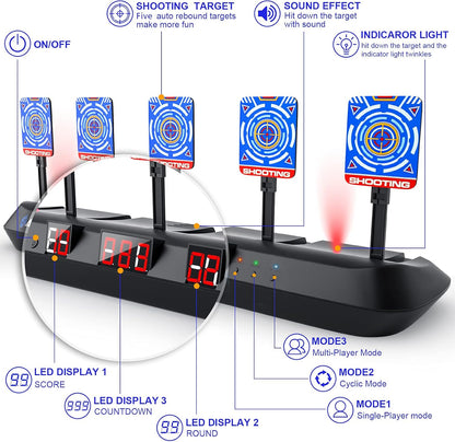 HOPOCO Nerf Digital Scoring Target,  5 Targets, 3 Gaming Modes, Auto Reset, 20 Pcs Bullets, 2 Hand Wrist Bands