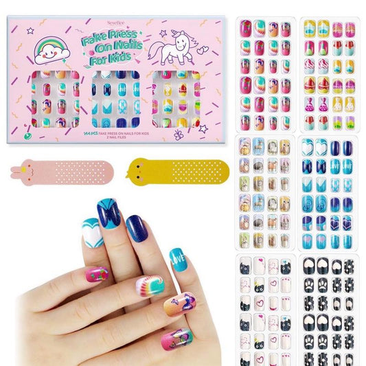 144Pcs 6 Pack Press on Nails for Kids Children Acrylic Fake Nails Pre-glue Full Cover Glitter Gradient colour Short False Nail Art Kits Sets Day for Kids