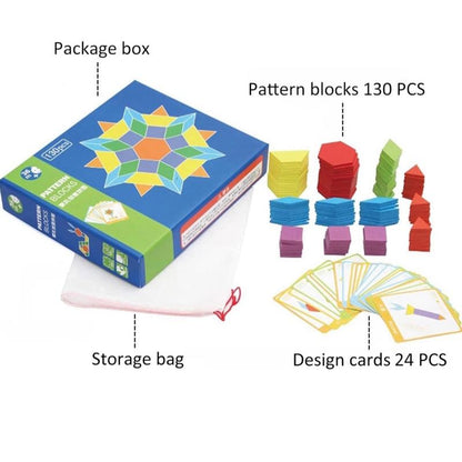 Wooden Pattern Blocks Set 130pcs, Tangram Geometric Shapes Graphical Educational Montessori Toys Gift for Kids with 24 Pcs Design Cards