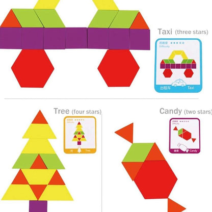 Wooden Pattern Blocks Set 130pcs, Tangram Geometric Shapes Graphical Educational Montessori Toys Gift for Kids with 24 Pcs Design Cards