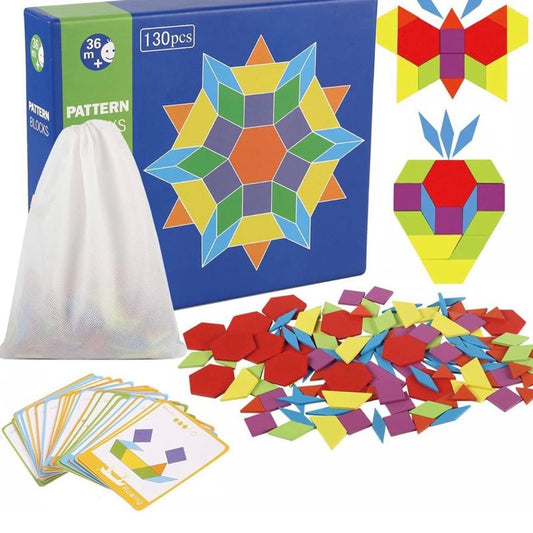 Wooden Pattern Blocks Set 130pcs, Tangram Geometric Shapes Graphical Educational Montessori Toys Gift for Kids with 24 Pcs Design Cards