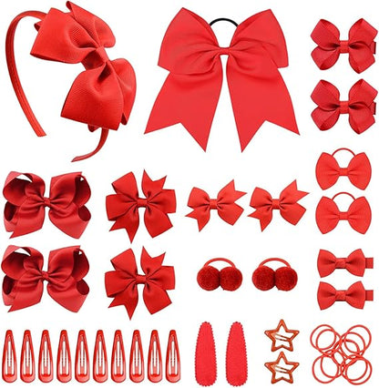 40 Pieces Red Girls School Hair Accessories Kit Ribbon Style Bow Bobbles Headband Large Cheer Bow Girls Hair Accessories Set (Red)