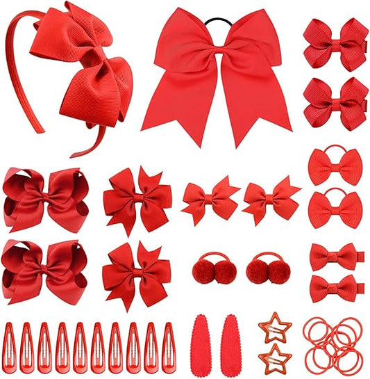 40 Pieces Red Girls School Hair Accessories Kit Ribbon Style Bow Bobbles Headband Large Cheer Bow Girls Hair Accessories Set (Red)