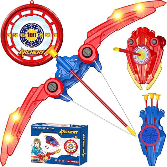Bow and Arrow Set Kids, 3 in 1 Shield Archery Shooting Game Includes 2 PCS Bow with Lights, 10 Suction Cups Arrows, 1 Targets Play Indoor Outdoor Toy