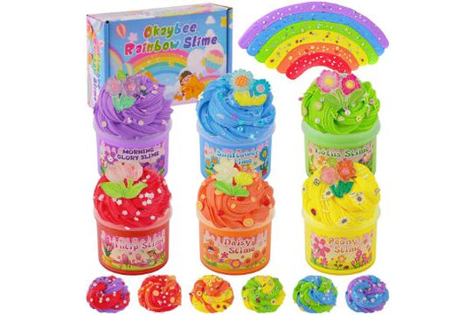 Okaybee 6 Pack Rainbow Butter Slime Kit with Flower Slime Charms & Add-ins