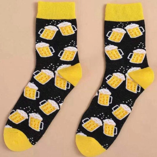 Funny Beer Socks Great Gift Size 6-11UK Black with Yellow Mugs Pattern Comfortable and Stylish