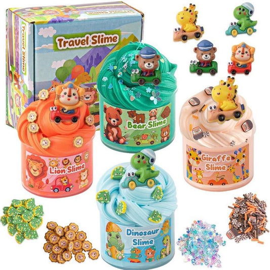 Travel Slime 4 Pack with Slime Charms - Lion Bear Giraffe Dinosaur Toys for Kids