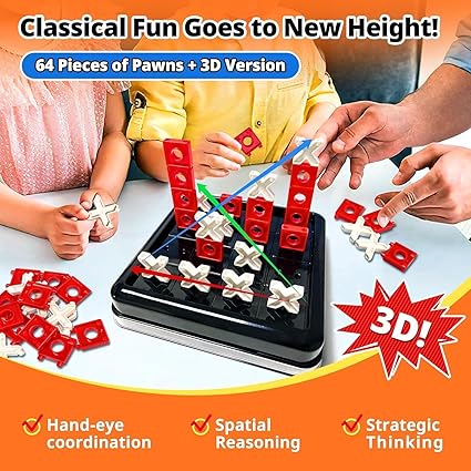 3D Tic Tac Toe Game, 4 in a Row Noughts and Crosses Game, Classic Portable Xo Chess Board Games, 2 Player Interactive Holiday Travel Family Games