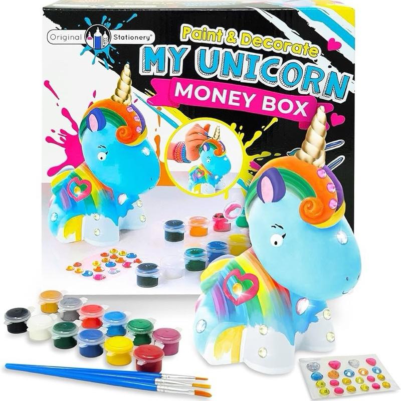 Original Stationery Decorate And Paint Your Own Unicorn Money Box, Creative Kids Paint Set for Girls With 21 Gems, 12 Non-Toxic Colours